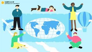 世界地図を背景に若者が交流する